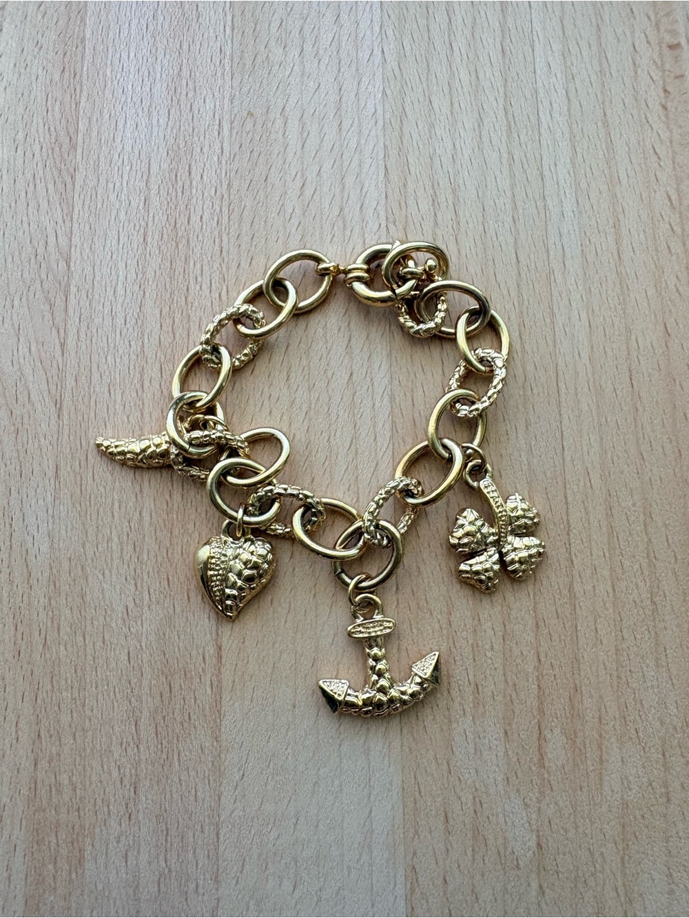 Gold Charm Link Bracelet with Heart, Anchor & Clover